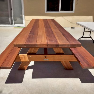Forever Picnic Tables (Attached Benches) (Options: 10' L, 34 1/2" W, Attached Side Benches, Mature Redwood, Standard Tabletop, Slightly Rounded Corners, No Umbrella Hole, Transparent Premium Sealant). Photo Courtesy of J. Crocker of Del Mar, CA.