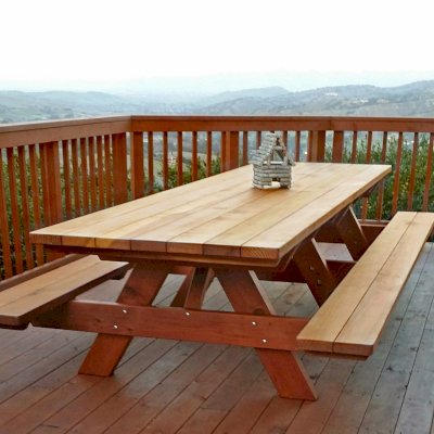 Forever Picnic Tables (Attached Benches) (Options: 12' L, 40 1/4" W, Attached Side Benches, California Redwood, Standard Tabletop, Squared Corners, 2" Umbrella Hole, Transparent Premium Sealant). Photo Courtesy of J. Calzetta of Salinas, CA.