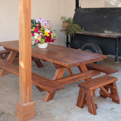 Forever Picnic Tables (Attached Benches) (Options: 10' L, 40 1/4" W, Side & End Benches, Built From Mosaic Mature Redwood with a 20 Year Warranty, Standard Tabletop, Rounded Corners, No Umbrella Hole, Transparent Premium Sealant, No ADA Accessible).