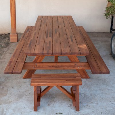 Forever Picnic Tables (Attached Benches) (Options: 10' L, 40 1/4" W, Side & End Benches, Built From Mosaic Mature Redwood with a 20 Year Warranty, Standard Tabletop, Rounded Corners, No Umbrella Hole, Transparent Premium Sealant, No ADA Accessible).