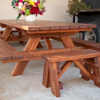 Forever Picnic Tables (Attached Benches) (Options: 10' L, 40 1/4" W, Side & End Benches, Built From Mosaic Mature Redwood with a 20 Year Warranty, Standard Tabletop, Rounded Corners, No Umbrella Hole, Transparent Premium Sealant, No ADA Accessible).