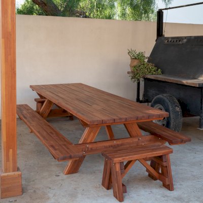 Forever Picnic Tables (Attached Benches) (Options: 10' L, 40 1/4" W, Side & End Benches, Built From Mosaic Mature Redwood with a 20 Year Warranty, Standard Tabletop, Rounded Corners, No Umbrella Hole, Transparent Premium Sealant, No ADA Accessible).