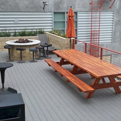 Forever Picnic Tables (Attached Benches) (Options: 12' L, 40 1/4" W, Side Benches, Mosaic Redwood, Standard Tabletop, Slightly Rounded Corners, No Umbrella Hole, Transparent Premium Sealant, No ADA Accessible). Photo Courtesy of K. Ellerbroek of Marina Del Rey, CA.