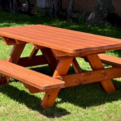 Forever Picnic Tables (Attached Benches) (Options:7' L, 34 1/2" W, Side Benches, Mature Redwood, Standard Tabletop, Rounded Corners, No Umbrella Hole, Transparent Premium Sealant).