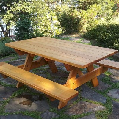 Forever Picnic Tables (Attached Benches) (Options: 6' L, 40 1/4" W, Attached Side Benches, Douglas-fir, Standard Tabletop, Slightly Rounded Corners, 2" Diamenter Umbrella Hole, Transparent Premium Sealant). Photo Courtesy of R. Rogers of Auburn, CA.
