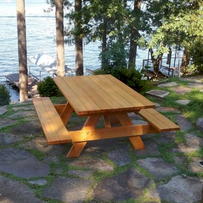 Forever Picnic Tables (Attached Benches) (Options: 6' L, 40 1/4" W, Attached Side Benches, Douglas-fir, Standard Tabletop, Slightly Rounded Corners, 2" Diamenter Umbrella Hole, Transparent Premium Sealant). Photo Courtesy of R. Rogers of Auburn, CA.