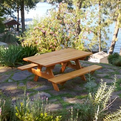 Forever Picnic Tables (Attached Benches) (Options: 6' L, 40 1/4" W, Attached Side Benches, Douglas-fir, Standard Tabletop, Slightly Rounded Corners, 2" Diamenter Umbrella Hole, Transparent Premium Sealant). Photo Courtesy of R. Rogers of Auburn, CA.