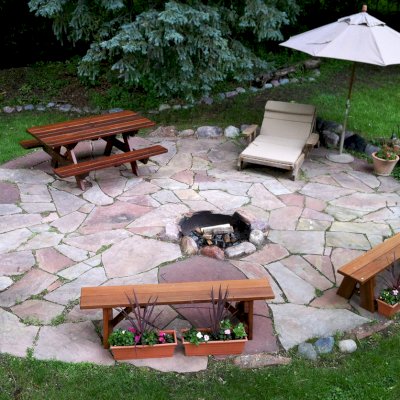 Forever Picnic Tables (Attached Benches) (Options: 6' L, 34 1/2" W, Side Benches, Old-Growth Redwood, Standard Tabletop, Rounded Corners, Umbrella Hole, Transparent Premium Sealant). Photo Courtesy of M. Wolf of Golden Valley, Minnesota.