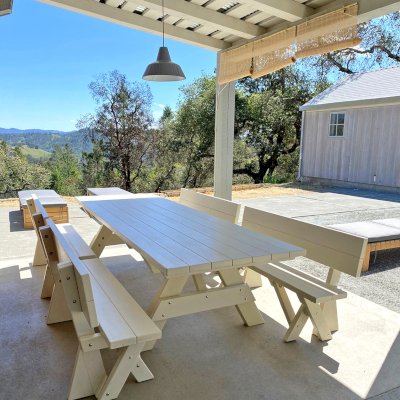Forever Picnic Tables (Unattached Benches) (Options: 10' L, 40 ¼in W, Side Fullback Benches, Douglas-fir, 2 Half Length Benches Per Side, Standard Tabletop, Squared Corners, No Umbrella Hole, White Stain Premium Sealant). Photo Courtesy of K. Weis of Healdsburg, CA.