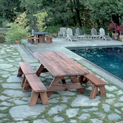 Forever Picnic Tables (Unattached Benches) (Options: 8' L, 34 ½in W, Side Benches, Mature Redwood, 2 Half Length Side Benches Per Side, Standard Tabletop, Slightly Rounded Corners, No Umbrella Hole, Transparent Premium Sealant).