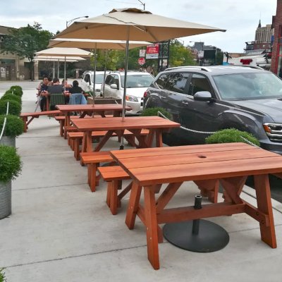 Custom Forever Picnic Tables (Unattached Benches) (Options: 5' L, 34 ½in W, Old-Growth Redwood, 1 Full Length Bench Per Side, Standard Tabletop, Slightly Rounded Corners, Umbrella Hole, Table with an Extra Brace Underneath to Hold the Umbrella Stand, Transparent Premium). Photo Courtesy of A. Peterson of Chicago, Illinois.