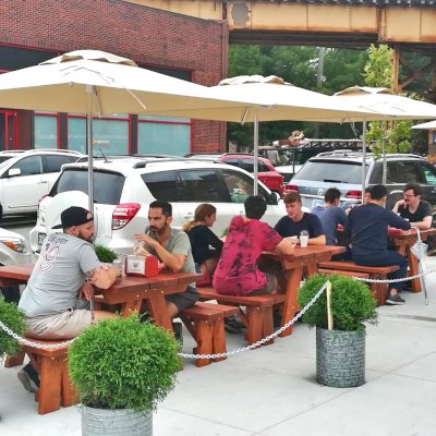 Custom Forever Picnic Tables (Unattached Benches) (Options: 5' L, 34 ½in W, Old-Growth Redwood, 1 Full Length Bench Per Side, Standard Tabletop, Slightly Rounded Corners, Umbrella Hole, Table with an Extra Brace Underneath to Hold the Umbrella Stand, Transparent Premium). Photo Courtesy of A. Peterson of Chicago, Illinois.
