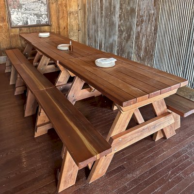 Custom Forever Picnic Tables (Unattached Benches) (Options: 4' L, 30in W, California Redwood, 1 Full Length Bench Per Side, Standard Tabletop, Slightly Rounded Corners, No Umbrella Hole, Transparent Premium Sealant). Photo Taken 1 Year After Installation. Photo Courtesy of A. Dalton of Fairfield, Ohio.