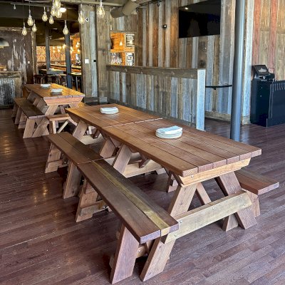 Custom Forever Picnic Tables (Unattached Benches) (Options: 4' L, 30in W, California Redwood, 1 Full Length Bench Per Side, Standard Tabletop, Slightly Rounded Corners, No Umbrella Hole, Transparent Premium Sealant). Photo Taken 1 Year After Installation. Photo Courtesy of A. Dalton of Fairfield, Ohio.