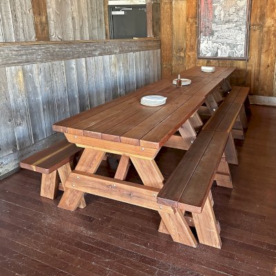 Custom Forever Picnic Tables (Unattached Benches) (Options: 4' L, 30in W, California Redwood, 1 Full Length Bench Per Side, Standard Tabletop, Slightly Rounded Corners, No Umbrella Hole, Transparent Premium Sealant). Photo Taken 1 Year After Installation. Photo Courtesy of A. Dalton of Fairfield, Ohio.