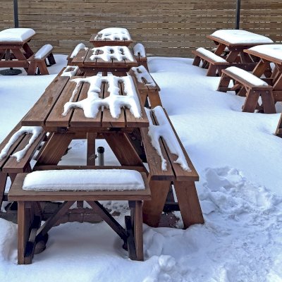 Forever Picnic Tables (Unattached Benches) (Options: Several Lengths, 34 ½in W, Side Benches, California Redwood, 1 Full Length Side Bench Per Side, Standard Tabletop, Squared Corners, 2in Umbrella Hole, Transparent Premium Sealant). Photo Courtesy of A. Dalton of Fairfield, OH.