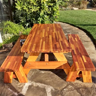 Forever Picnic Tables (Unattached Benches) (Options: 6' L, 28 ¾in W, Side Benches, Mosaic Redwood, 1 Full Length Side Benches Per Side, Standard Tabletop, Slightly Rounded Corners, No Umbrella Hole, Transparent Premium Sealant). Photo Courtesy of C. Dahlstet of Santa Rosa, California.