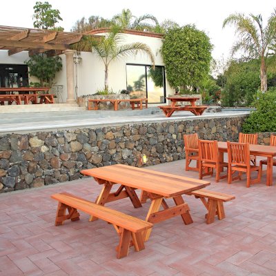 Forever Picnic Table Set with a San Francisco Patio Table Set, a Miramar Tree Bench, a Round Picnic Table and a Baja Table Set.