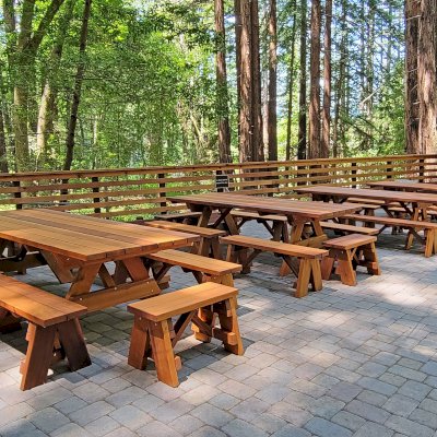 Forever Picnic Tables (Unattached Benches) (Options: 8' L, 40 ¼in W, Side Benches & End Benches, Old-Growth Redwood, 2 Half Length Side Bench Per Side, Standard Tabletop, Slightly Rounded Corners, No Umbrella Hole, Transparent Premium Sealant). Photo Courtesy of The Scotts Valley Sportsmen's Club of Scotts Valley, CA.