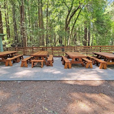 Forever Picnic Tables (Unattached Benches) (Options: 8' L, 40 ¼in W, Side Benches & End Benches, Old-Growth Redwood, 2 Half Length Side Bench Per Side, Standard Tabletop, Slightly Rounded Corners, No Umbrella Hole, Transparent Premium Sealant). Photo Courtesy of The Scotts Valley Sportsmen's Club of Scotts Valley, CA.