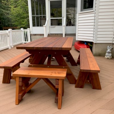 Forever Picnic Table (Unattached Benches) (Options: 6' L, 34 ½in W, Side and End Benches, Old-Growth Redwood, 1 Full Length Bench Per Side, Standard Tabletop, Slightly Rounded Corners, 2in Diameter Umbrella Hole, Transparent Premium Sealant). Photo Courtesy of S. Korotky of Tom's River, New Jersey.