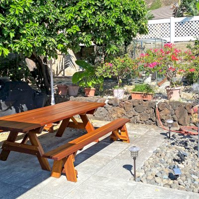 Forever Picnic Table (Unattached Benches) (Options: 8' L, 40 ¼in W, Side Benches, California Redwood, 1 Full Length Bench Per Side, Standard Tabletop, Slightly Rounded Corners, 2in Diameter Umbrella Hole, Transparent Premium Sealant). Photo Courtesy of L. Nakmura of Honolulu, Hawaii. 