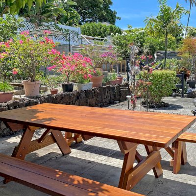 Forever Picnic Table (Unattached Benches) (Options: 8' L, 40 ¼in W, Side Benches, California Redwood, 1 Full Length Bench Per Side, Standard Tabletop, Slightly Rounded Corners, 2in Diameter Umbrella Hole, Transparent Premium Sealant). Photo Courtesy of L. Nakmura of Honolulu, Hawaii. 