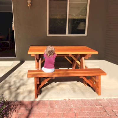 Forever Picnic Tables (Unattached Benches) (Options: 5' L, 34 ½in W, Side Benches, California Redwood, 1 Full Length Side Benches Per Side, Forever Style Benches, Standard Tabletop, Slightly Rounded Corners, No Umbrella Hole, Transparent Premium Sealant). Photo Courtesy of M. Griffinger of Walnut Creek, CA.