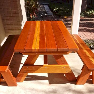 Forever Picnic Tables (Unattached Benches) (Options: 5' L, 34 ½in W, Side Benches, California Redwood, 1 Full Length Side Benches Per Side, Forever Style Benches, Standard Tabletop, Slightly Rounded Corners, No Umbrella Hole, Transparent Premium Sealant). Photo Courtesy of M. Griffinger of Walnut Creek, CA.