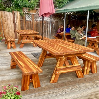 Forever Picnic Tables (Unattached Benches) (Options: Custom Size, 4' L, 29 ½in W, 26in H, Side Benches, Mosaic Redwood, 1 Full Length Side Benches Per Side, Forever Style Benches, Standard Tabletop [Leg Flair Recessed], Rounded Corners, No Umbrella Hole, Transparent Premium Sealant). Photo Courtesy of M. Gaston of Menlo Park, CA.