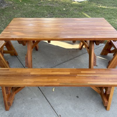 Forever Picnic Tables (Unattached Benches) (Options: 6' L, 34 ½in W, Side and End Benches, Mosaic Douglas-Fir, 1 Full Length Bench Per Side, Standard Tabletop, Rounded Corners, 1 5/8in Umbrella Hole, Transparent Premium Sealant). Photo Courtesy of N. Emery of Goleta, CA.