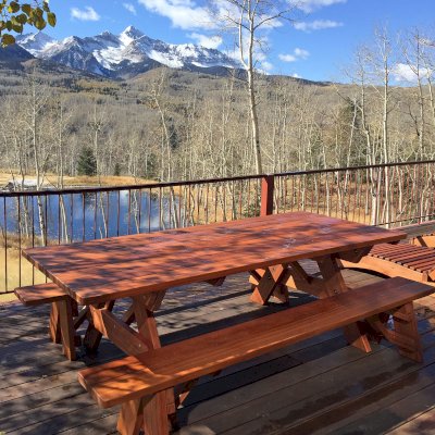 Custom Forever Picnic Tables (Unattached Benches) (Options: 8' L, 40 ¼in W, Old-Growth Redwood, 1 Full Length Bench Per Side, Standard Tabletop, Slightly Rounded Corners, No Umbrella Hole, Transparent Premium Sealant). Photo courtesy of P. Sigel of Telluride, Colorado.