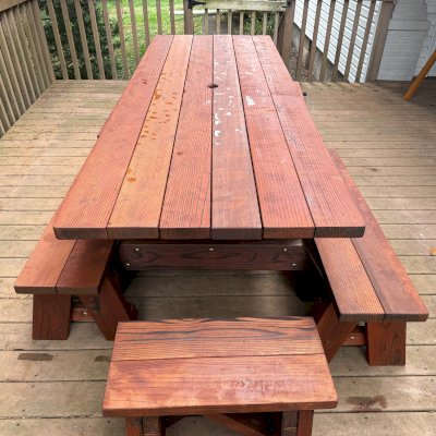Forever Picnic Table (Unattached Benches) (Options: 8' L, 34 ½in W, Side Benches, California Redwood, 2 Half Length Benches Per Side, Standard Tabletop, Slightly Rounded Corners, 2in Umbrella Hole, Table Resealed 6 Years After Installation with a Custom Finish [Penofin Brand Product]). Photo Courtesy of D. Sutton of Pottstown, PA.