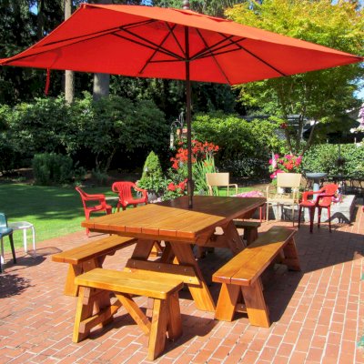 Forever Picnic Tables (Unattached Benches) (Options: 7' L, 40 ¼in W, Side and End Benches, Douglas-fir, 1 Full Length Side Bench Per Side, Standard Tabletop, Rounded Corners, Umbrella Hole [Umbrella not Included], Adjusted Leg Flair, Transparent Sealant). Photo Courtesy of Barbara A. Crawford of Mercer Island, Washington.