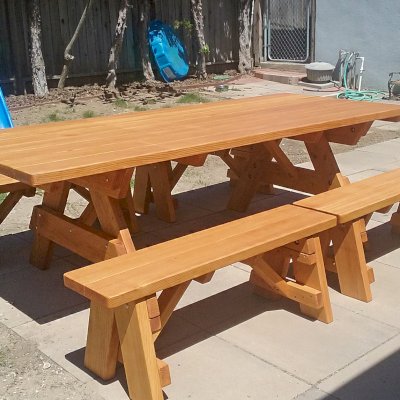 Forever Picnic Tables (Unattached Benches) (Options: 8' L, 40 ¼in W, Side Benches, Douglas-fir, 2 Half Length Side Benches Per Side, Standard Tabletop, Slightly Rounded Corners, No Umbrella Hole, Transparent Premium Sealant). Photo Courtesy of C. Fricke of Harbor City, CA.