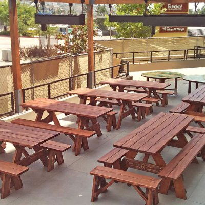 Forever Picnic Tables (Unattached Benches) (Options: 7' L, 28 ¾in W, Side & End Benches [Tables on the left with no end benches], Douglas-fir, 1 Full Length Side Benches Per Side, Standard Tabletop, Slightly Rounded Corners, No Umbrella Hole, Coffee- Stain Premium Sealant). Photo Courtesy of D. Peters of San Diego, CA.