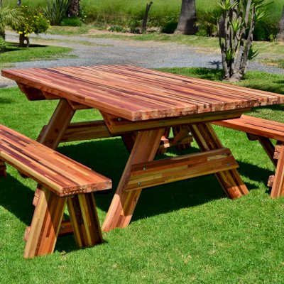 Forever Picnic Tables (Unattached Benches) (Options: 6' L, 46in W, Side Benches, Mosaic Redwood, 1 Full Length Side Benchs Per Side, Seamless Tabletop, Slightly Rounded Corners, No Umbrella Hole, Transparent Premium Sealant).