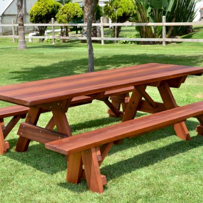 Forever Picnic Tables (Unattached Benches) (Options: 8' L, 34 ½in W, Side Benches, Old-Growth Redwood, 1 Full Length Side Benches Per Side, Standard Tabletop, Slightly Rounded Corners, No Umbrella Hole, Transparent Premium Sealant).