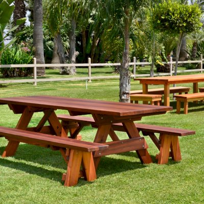 Forever Picnic Tables (Unattached Benches) (Options: 8' L, 34 ½in W, Side Benches, Old-Growth Redwood, 1 Full Length Side Benches Per Side, Standard Tabletop, Slightly Rounded Corners, No Umbrella Hole, Transparent Premium Sealant). 