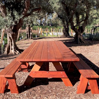 Forever Picnic Tables (Unattached Benches) (Options: 10' L, 46in W, Side Benches, Mature Redwood, 2 Half Length Benches Per Side, Standard Tabletop, Square Corners, 2in Umbrella Hole, Transparent Premium Sealant). Photo Courtesy of H. Williams of Sonoma, CA.