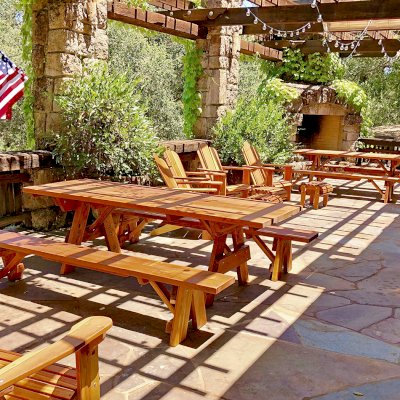 Forever Picnic Tables (Unattached Benches) (Options: 8' L, 34 ½in W, Side Benches, California Redwood, 1 Full Length Side Bench Per Side, Standard Tabletop, Squared Corners, No Umbrella Hole, Transparent Premium Sealant). Photo Courtesy of K. Schaeffer of Calistoga, CA.