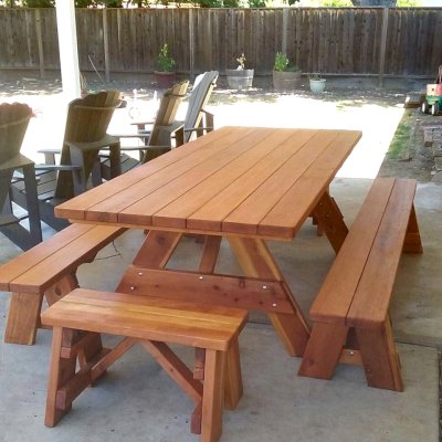 Forever Picnic Tables (Unattached Benches) (Options: 8' L, 40 ¼in W, Side & End Benches, California Redwood, 1 Full Length Side Benches Per Side, Standard Tabletop, Slightly Rounded Corners, No Umbrella Hole, Transparent Premium Sealant). Photo Courtesy of M. Lahl of Concord, CA.