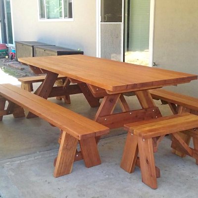 Forever Picnic Tables (Unattached Benches) (Options: 8' L, 40 ¼in W, Side & End Benches, California Redwood, 1 Full Length Side Benches Per Side, Standard Tabletop, Slightly Rounded Corners, No Umbrella Hole, Transparent Premium Sealant). Photo Courtesy of M. Lahl of Concord, CA.