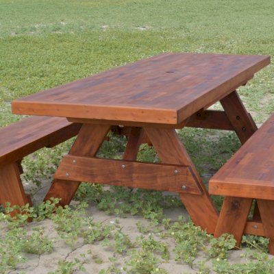 Forever Picnic Tables (Unattached Benches) (Options: 8' L, 34 ½in W, Side Benches, Old-Growth Redwood, 1 Full Length Side Benches Per Side, Parquet Tabletop, Slightly Rounded Corners, Umbrella Hole, Transparent Sealant). Benches in matching parquet.