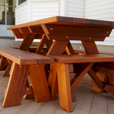 Forever Picnic Tables (Unattached Benches) (Options: 6', 34 ½in W, Side Benches, Old-Growth Redwood, 1 Full Length Bench Per Side, Standard Tabletop, Slightly Rounded Corners, 2in Umbrella Hole, Transparent Premium Sealant). Photo Courtesy of S. Korotky of Tom's River, NJ.
