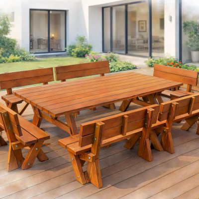Render of a Forever Picnic Table with Fullback Benches (Options: 8' L, 46'' W, Side and End Fullback Benches). 