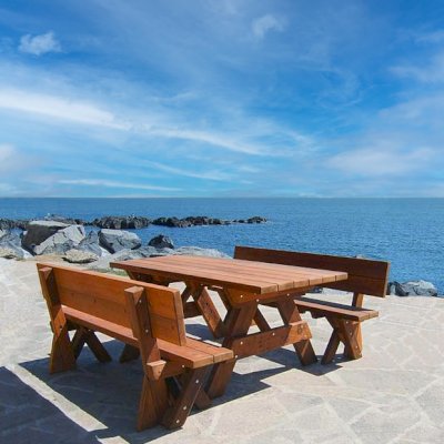 Forever Picnic Tables (Unattached Benches) (Options: 6' L, 34 ½in W, Side Fullback Benches, Old-Growth Redwood, 1 Full Length Side Benches Per Side, Standard Tabletop, Squared Corners, No Umbrella Hole, Transparent Premium Sealant).