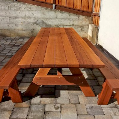 Forever Picnic Tables (Unattached Benches) (Options: 10' L, 40 ¼in W, Side Benches, Mature Redwood, 1 Full Length Bench Per Side, Standard Tabletop, Squared Corners, 1 5/8in Umbrella Hole, Transparent Premium Sealant). Photo Courtesy of R. Miller of Millbrae, CA.