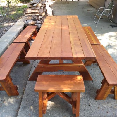 Forever Picnic Tables (Unattached Benches) (Options: 8' L, 34 ½in W, Side & End Benches, California Redwood, 2 Half Length Benches Per Side, Standard Tabletop, Slightly Rounded Corners, No Umbrella Hole, Transparent Premium Sealant). Photo Courtesy of R. Webster of Pasadena, CA.