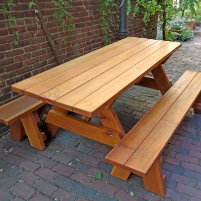 Forever Picnic Tables (Unattached Benches) (Options: 6' L, 34 ½in W, Side Benches, California Redwood, 1 Full Length Side Benches Per Side, Standard Tabletop, Slightly Rounded Corners, No Umbrella Hole, Transparent Premium Sealant). Photo Courtesy of Steve Vincent.